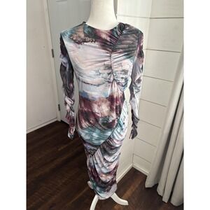 Club L London Dress Womens 6 Multi Ruched Bodycon Long Sleeve Midi Abstract